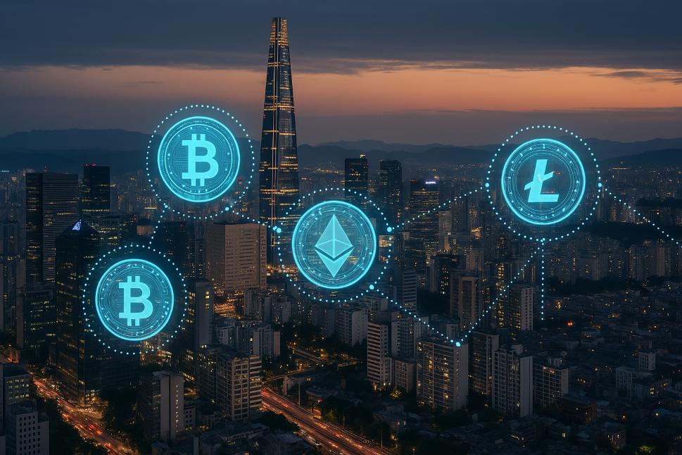 A digital cityscape of Seoul at dusk with cryptocurrency symbols glowing.