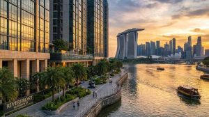 A luxurious riverfront condominium in District 9, Singapore at sunset, with modern architectural façades overlooking the Singapore River, reflecting warm golden light on water; elegant landscaped promenades with residents walking, lush greenery, and urban skyline in the background.